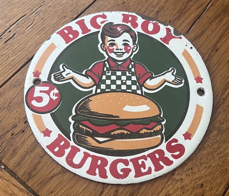 NICE BIG BOY BURGERS 6″ ROUND PORCELAIN SIGN 5 CENTS