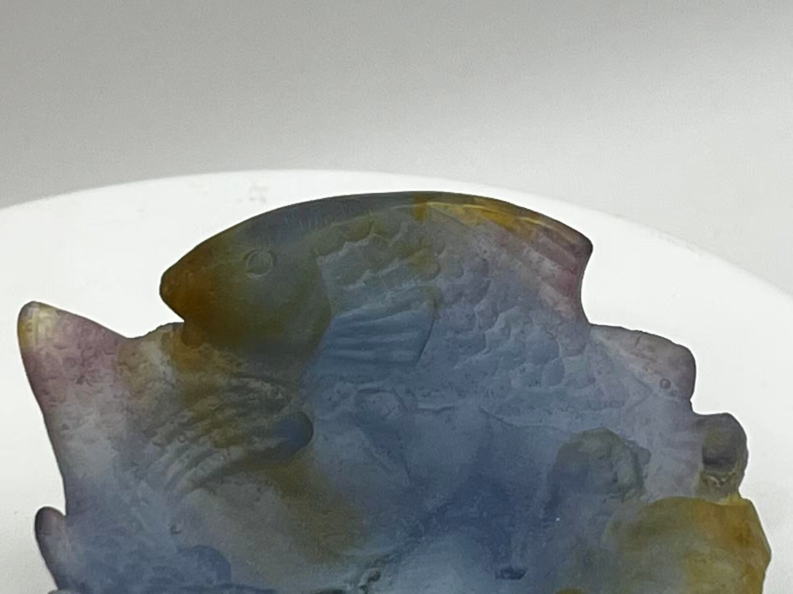 Daum France Pate de Verre Art Glass Small Fish Bowl / Pisces Gift w/ Wooden Box
