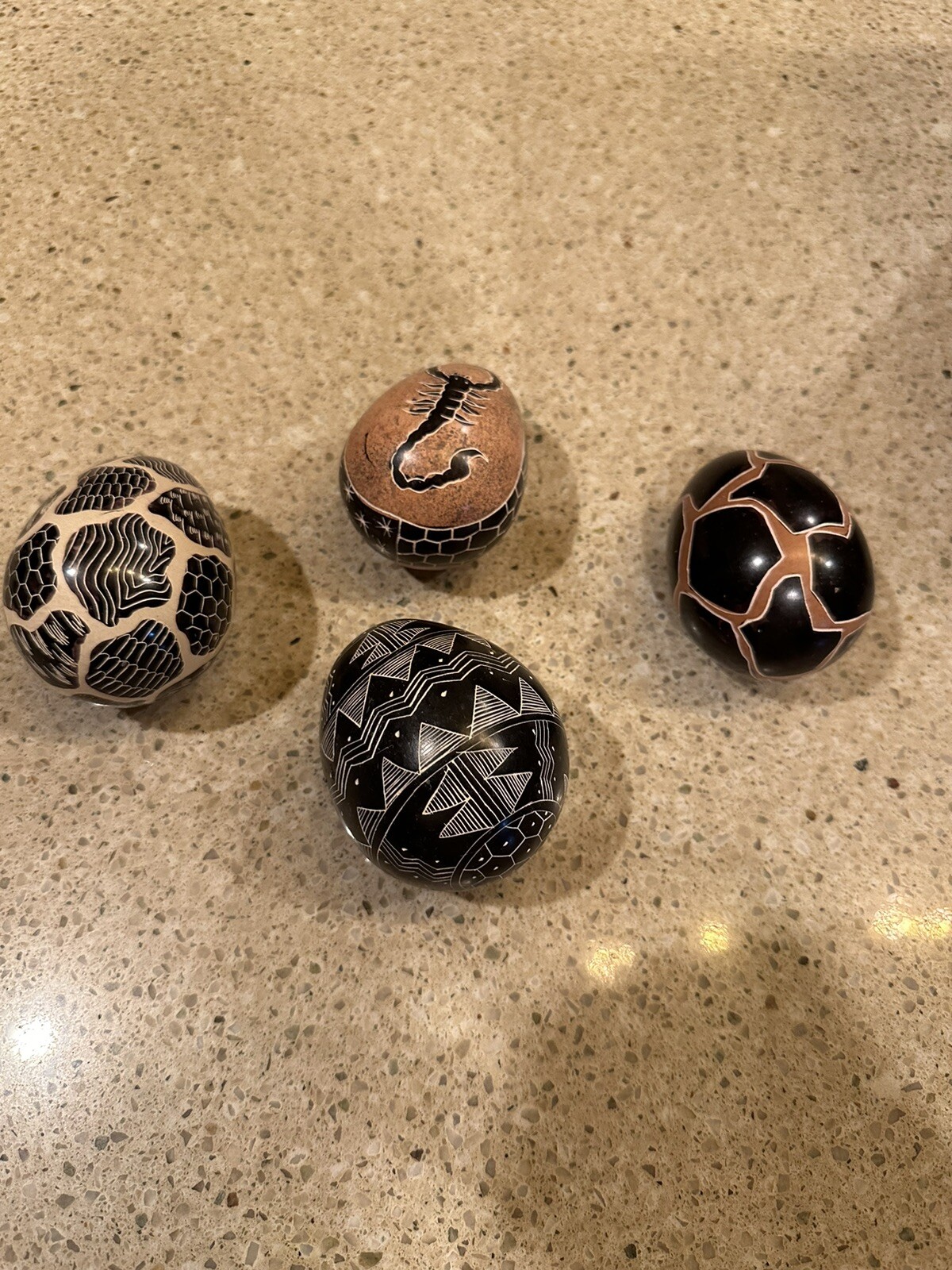 Hand Painted and Carved set of 4 Eggs Geometric Patterns Collectible Decor