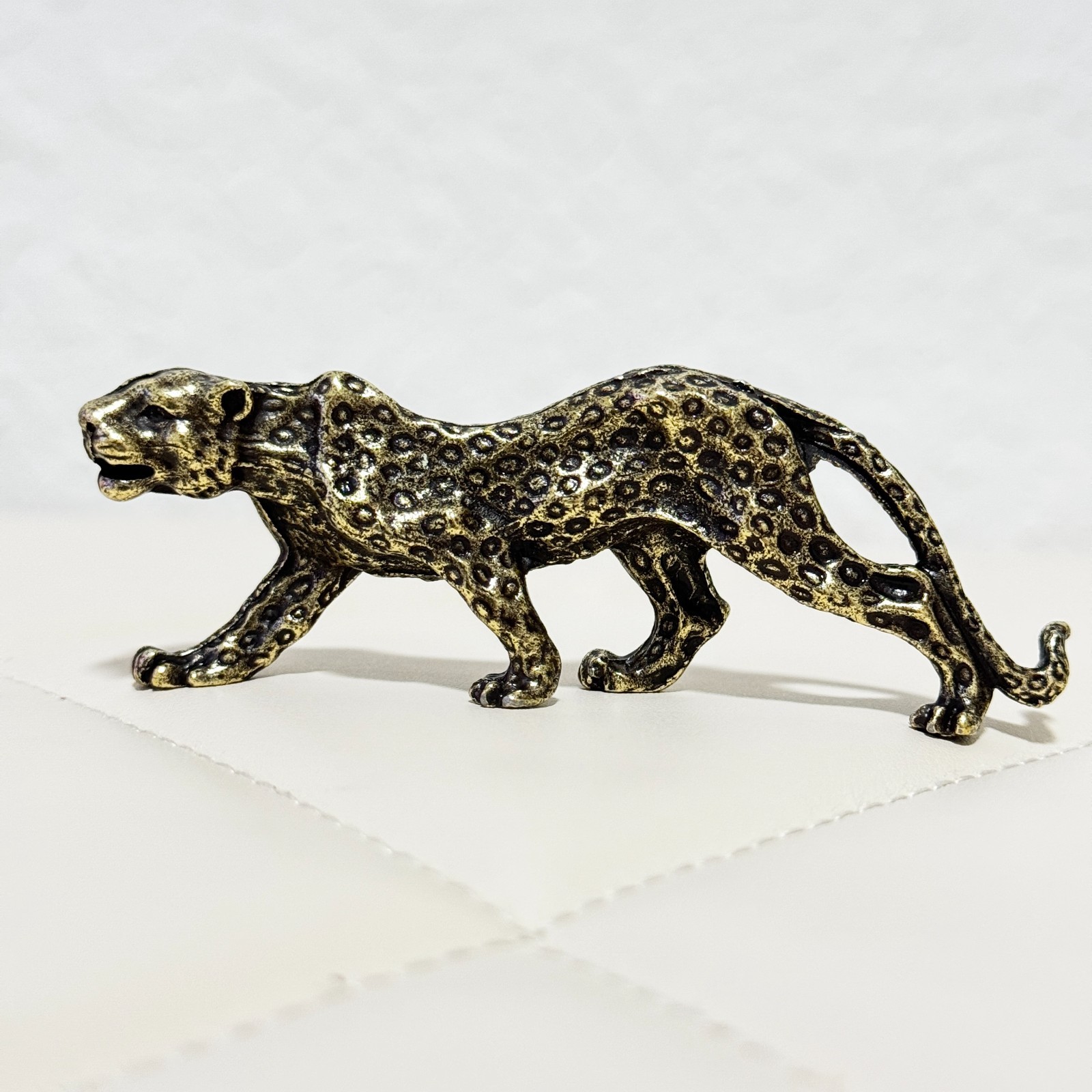 Vintage Metal Leopard Figurine Handmade Indian Brass Style Big Cat Decor 3.5 in