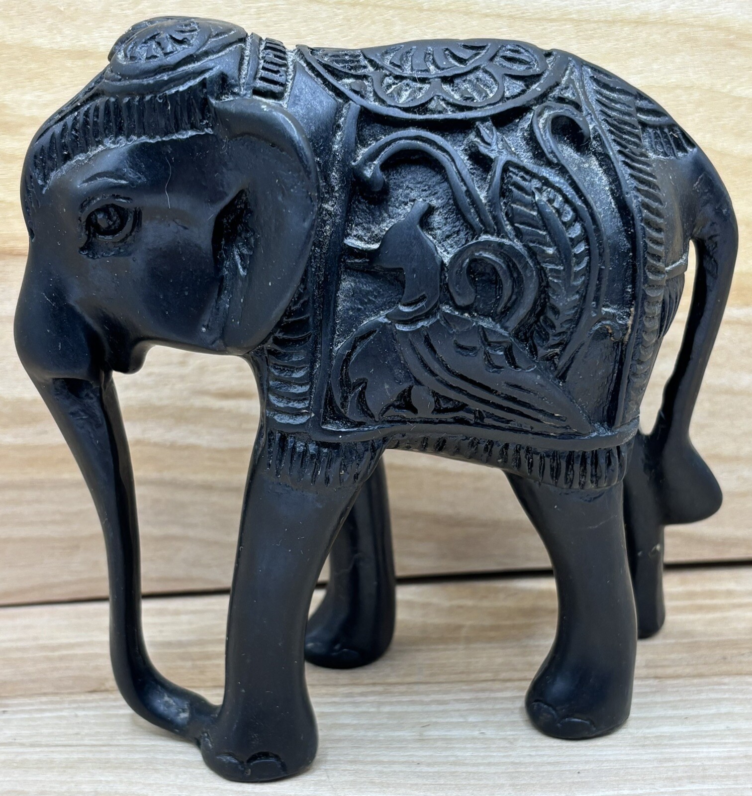 Elephant Black Carved 4-3/4 Inches Tall Figurine Ornate