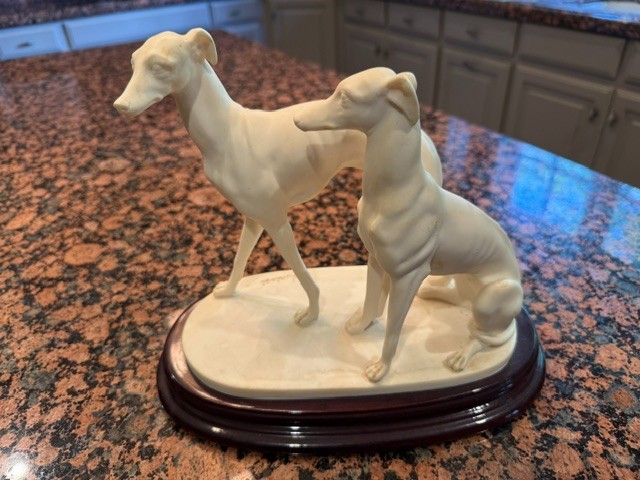 Pair of White Marble Greyhound Dogs Signed Fariesi 11″ long on a Wood Base Heavy