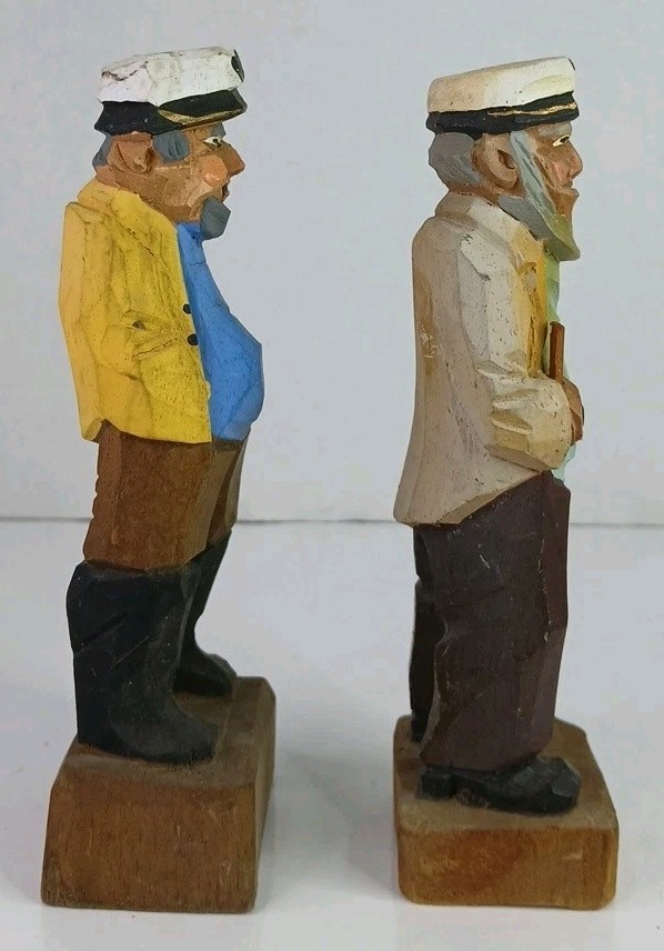 Vintage Hand Carved Wood Sea Captain Figurines Pair Nautical Sailor Old Salt Art