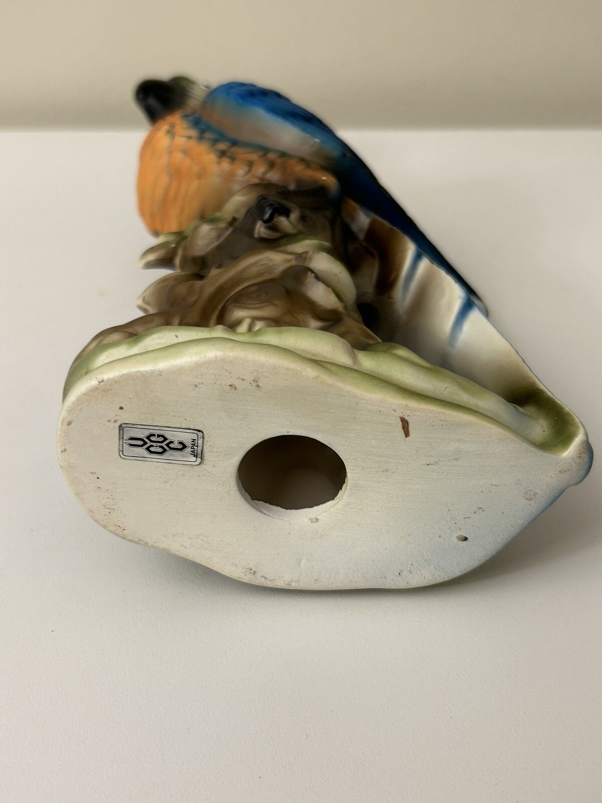 Stunning Vintage 8” Parrot Ceramic Green Blue Orange Bird Branch Figurine Japan