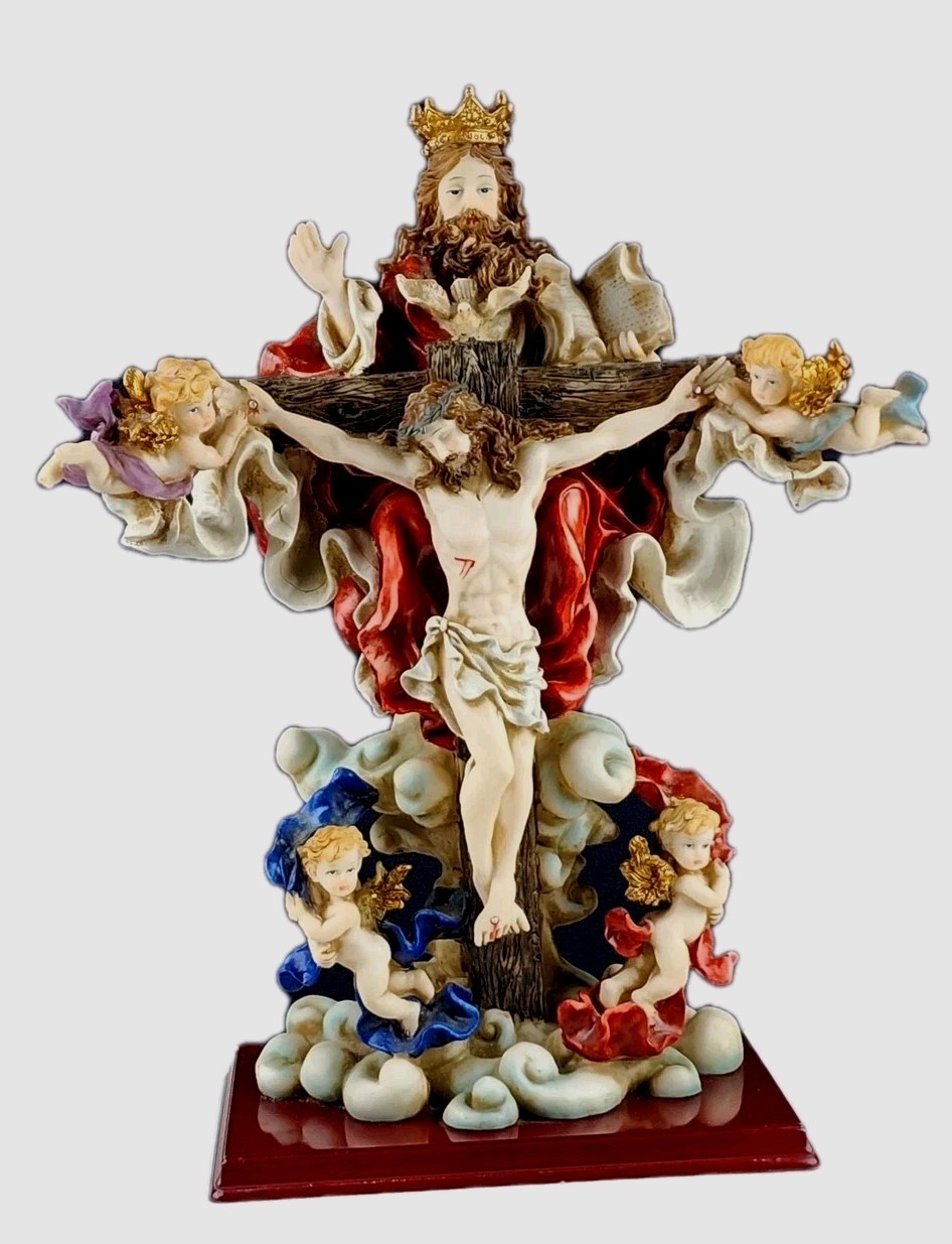 Autom, Holy Trinity – 18″ Resin Sculpture, Self Standing Crucifix on Wooden Base