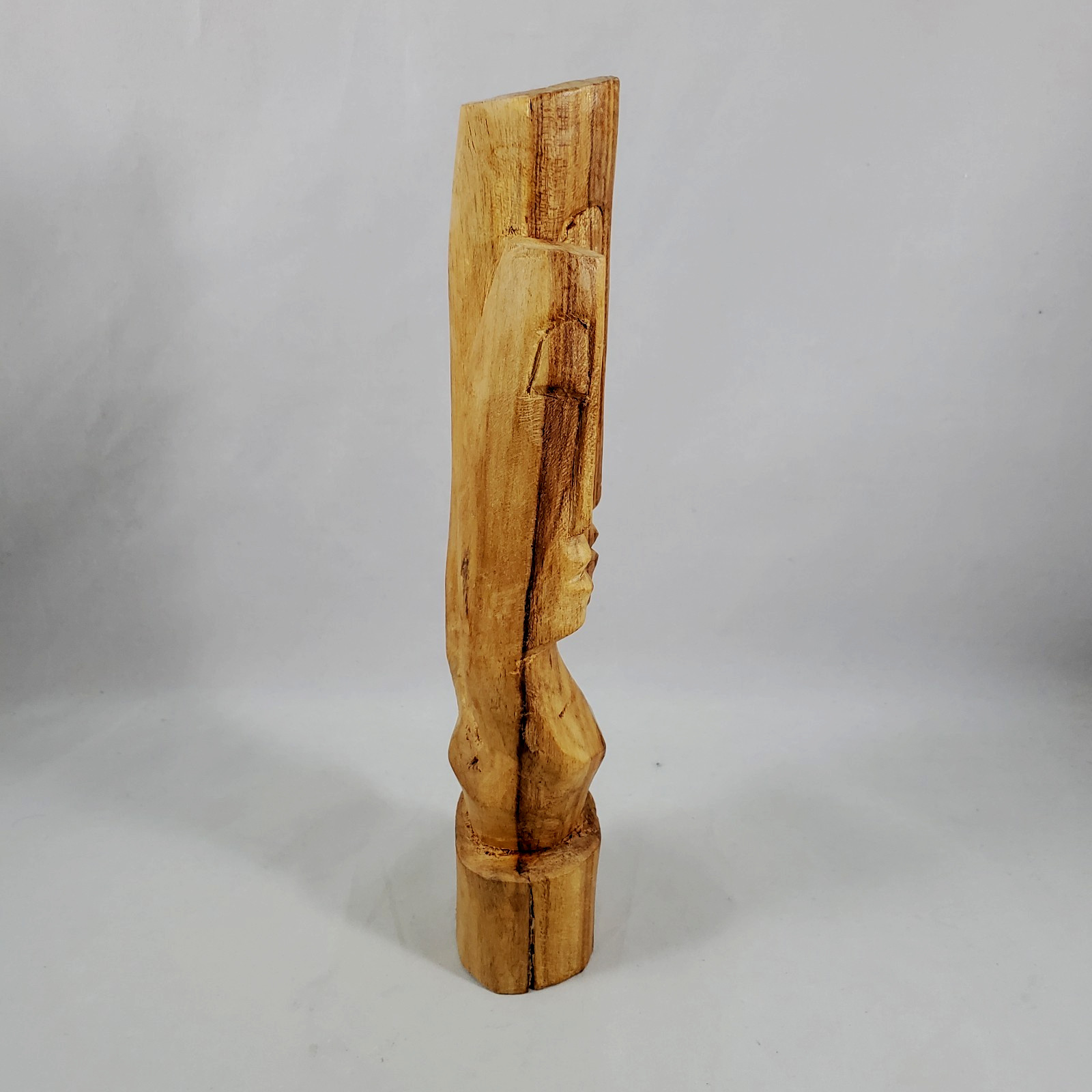 Hand Carved Wood Dual Long Faces Statue Fiji? Young Lovers Tiki Vintage Grain