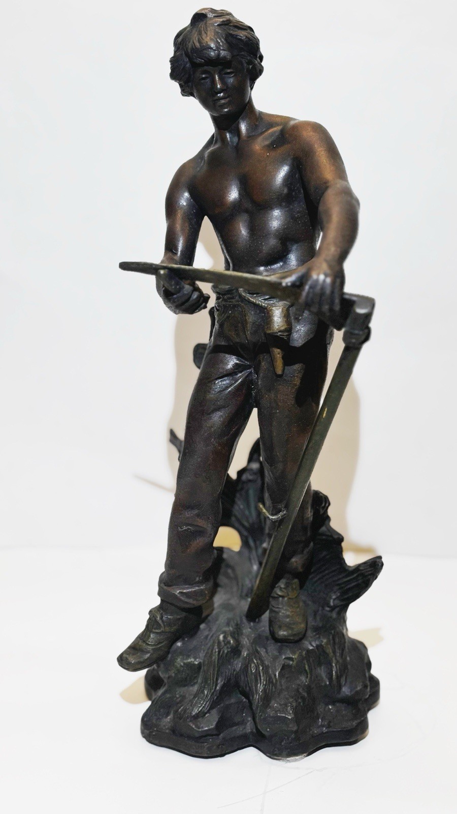 Faucheur Bronze Sculpture Boy Sharpening Scythe 15.5in Vintage Made In France