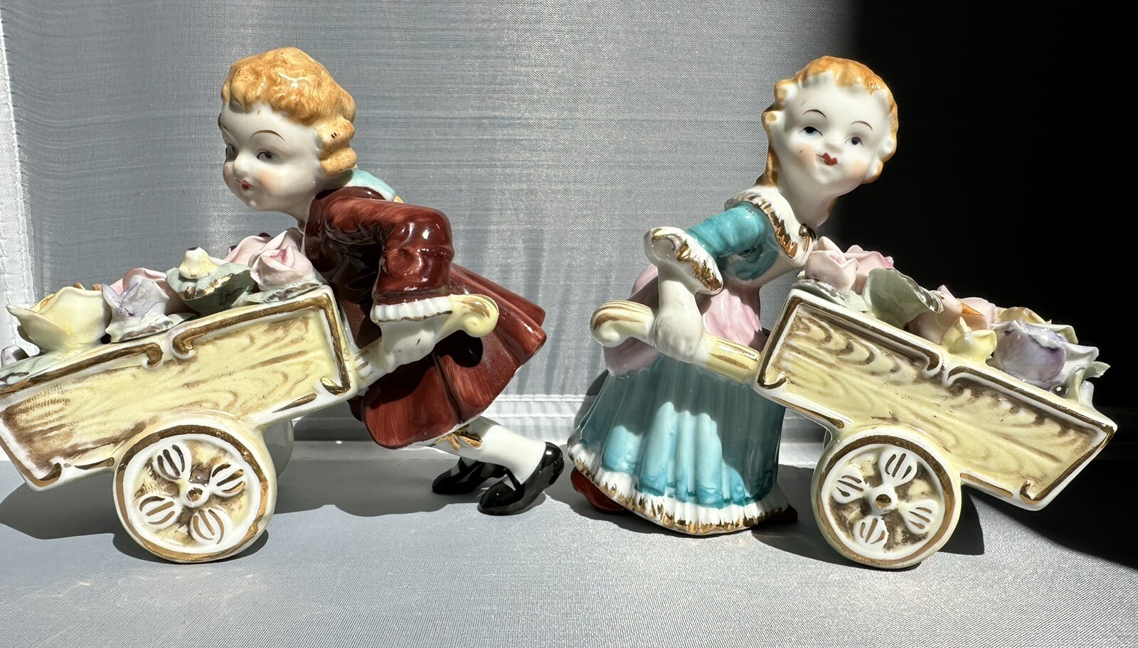 Lenwile Ardalt Art Ware Figurines Boy & Girl with Flower Carts Hand Painted