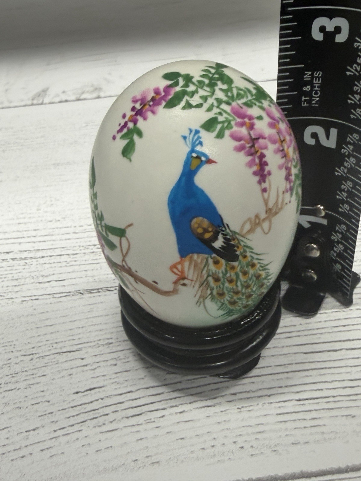 Vintage Hand Painted Egg – Peacock – Birds and Flowers With Display Case