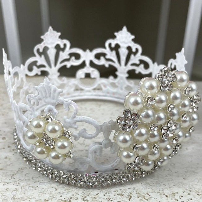 4″ Shabby White French Country Rhinestone Statue Crown Jeweled Glass Pearls