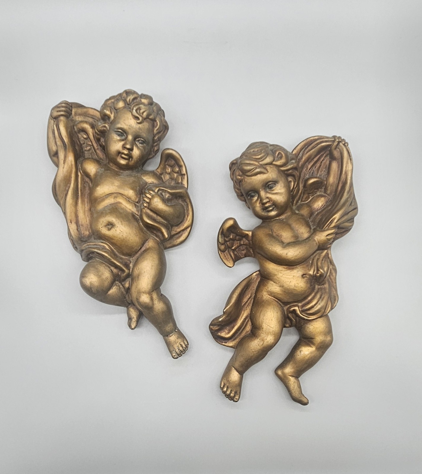 Vintage Mid Century HOMCO #1120 Gold Cherub Angels Wall Hanging Decor Set Of 2