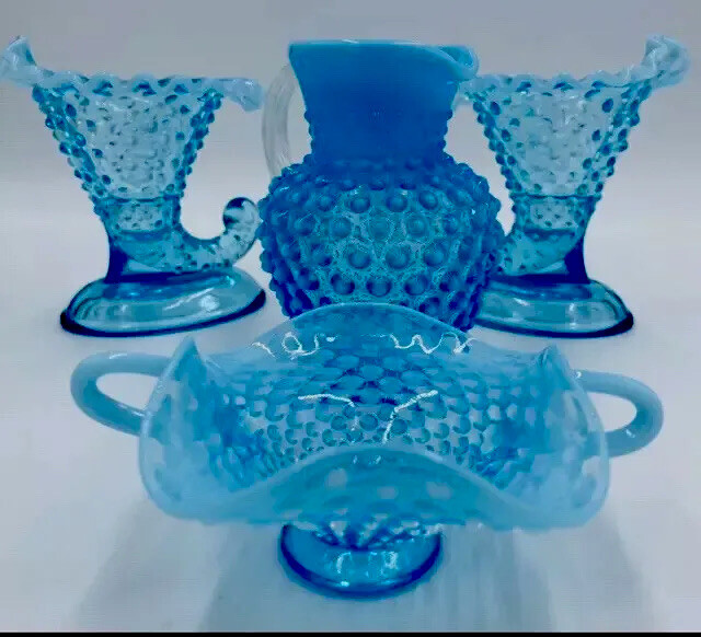 Lot 4 Fenton Hobnail Blue Opalescent Pitcher Cornucopia Candle Holders Bowl