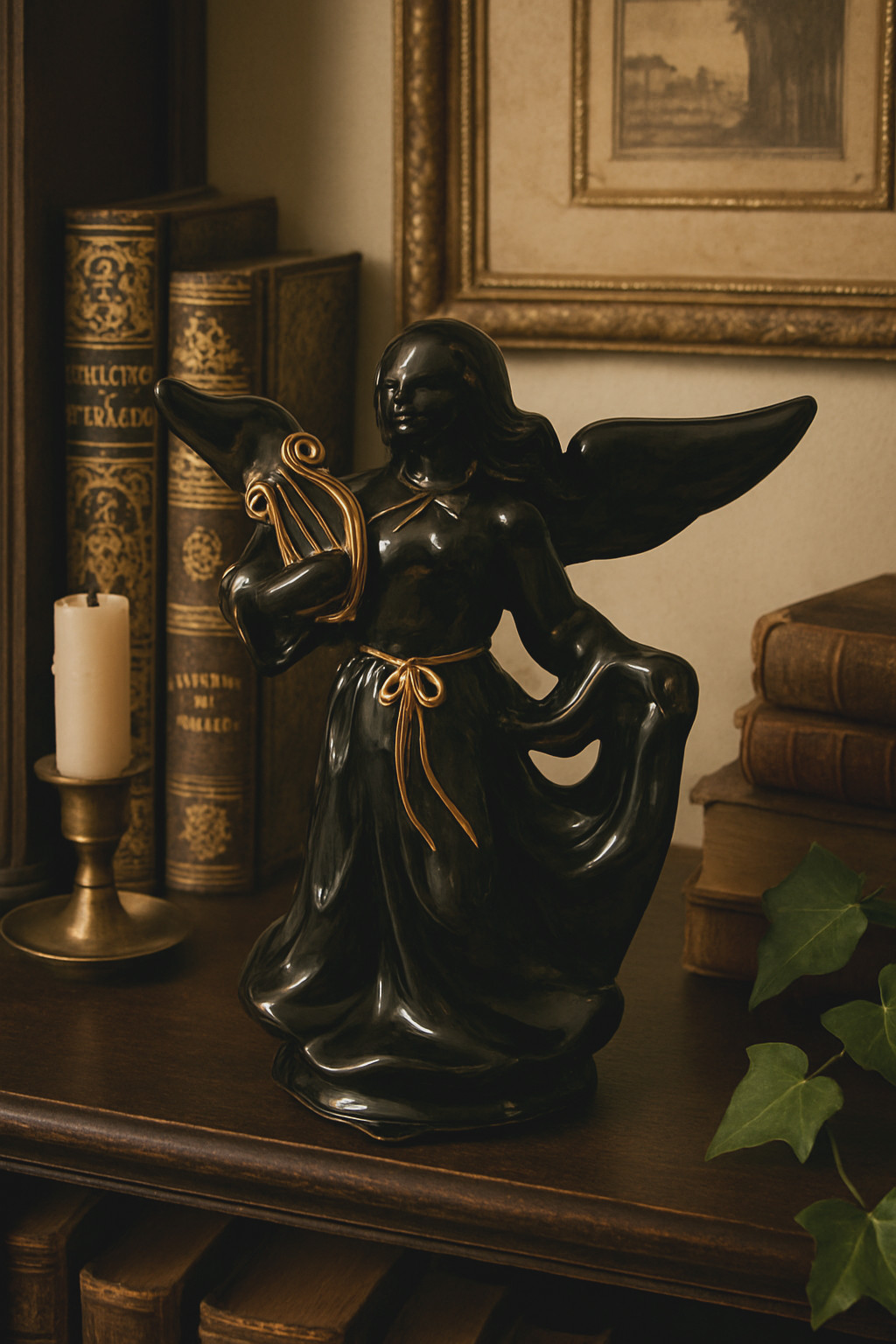 Gothic Black Ceramic Angel Figurine with Golden Harp 10in Dark Aesthetic Statue