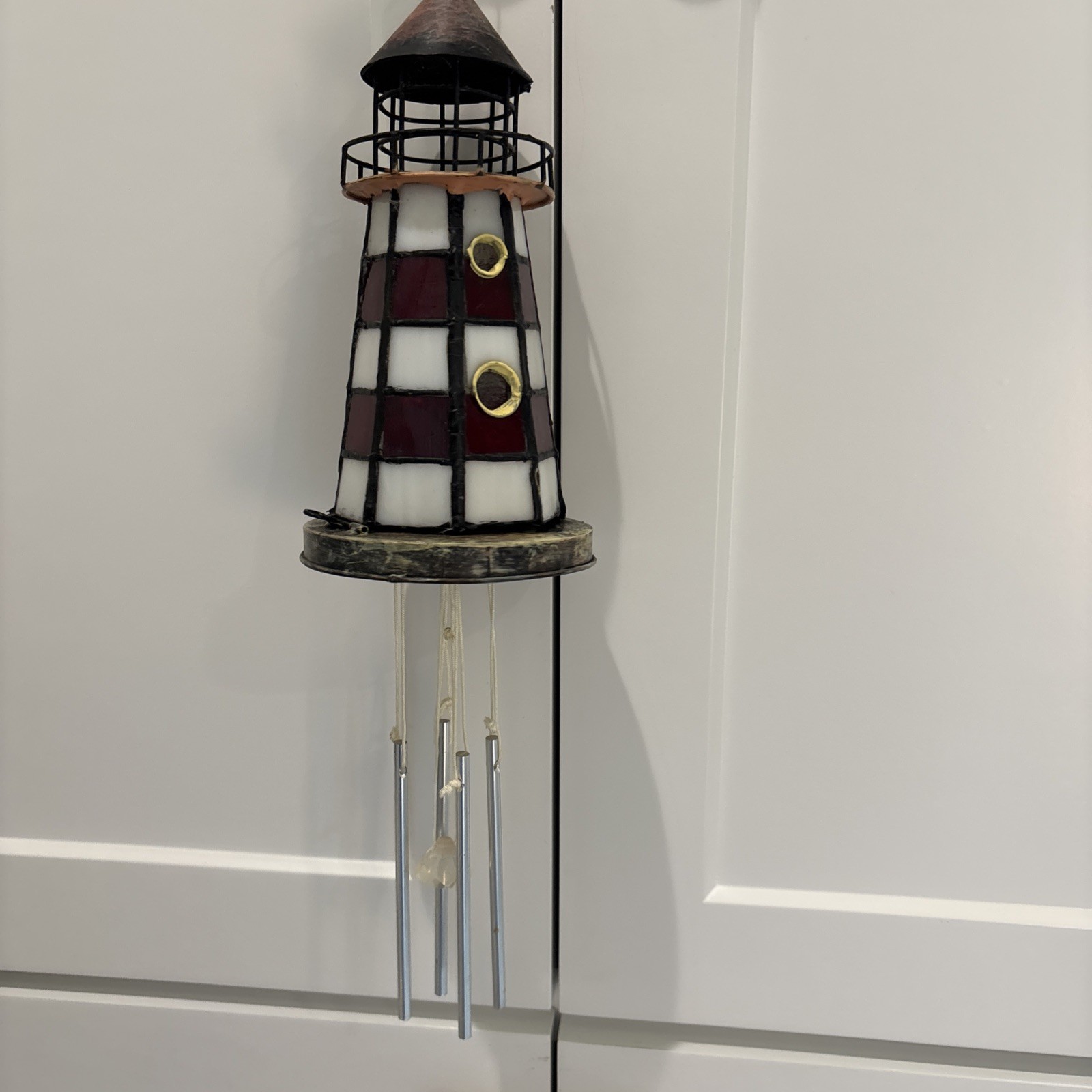 Vtg White RED Stripe Stained Glass Lighthouse Tea Light Candle /Wind Chimes