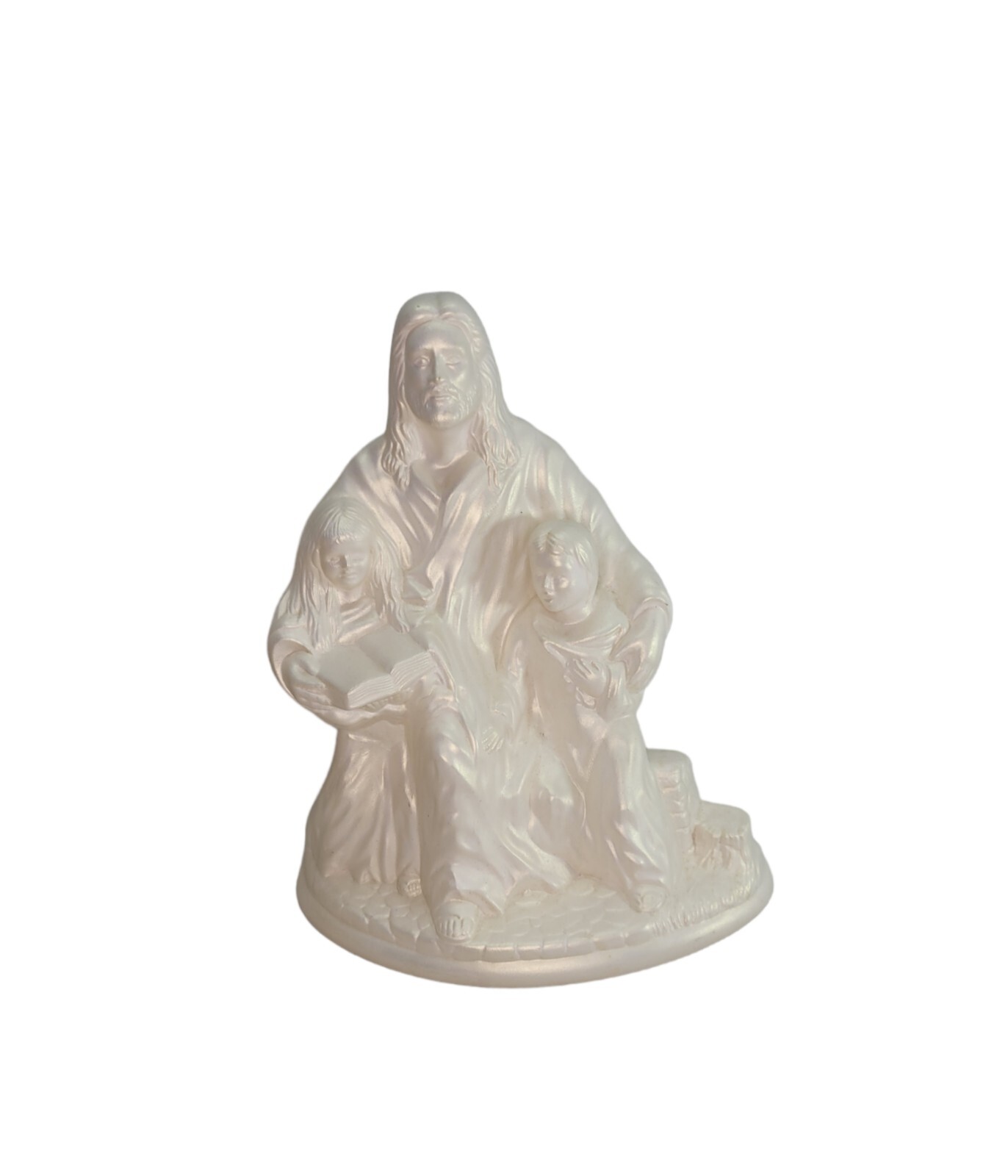 Jesus Holding Huggins Children Ceramic Glossy Finish Pearl Tone Figurine 12″ H