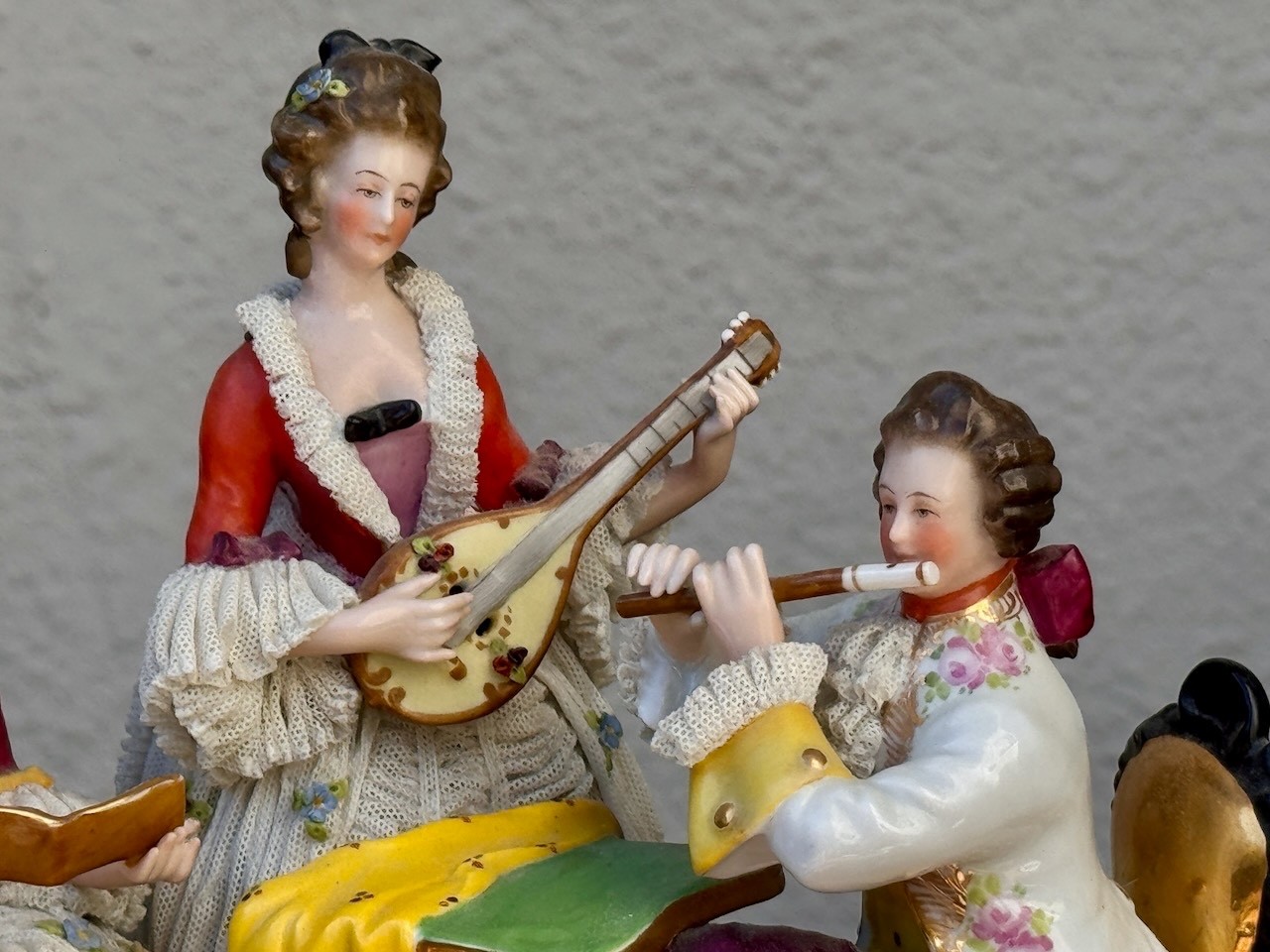 Vintage Dresden Lace Figurine–Three Musicians–WONDERFUL!!