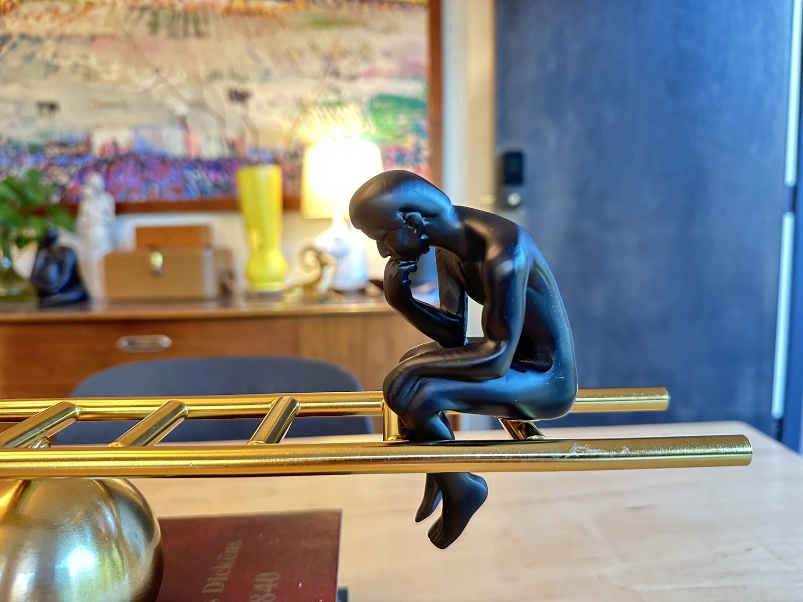 Man On The Stairs Thinking Man, Magnetic, Gold Metal, Movable, Balanced, Sturdy