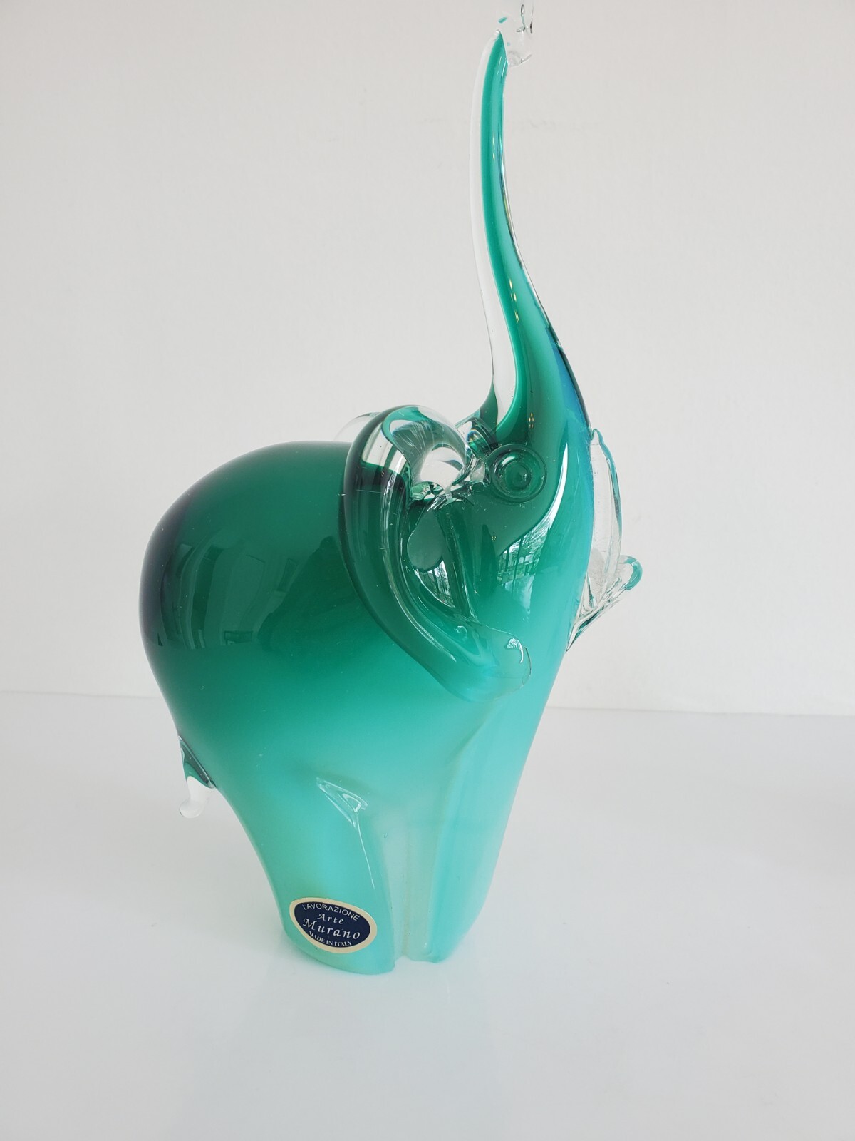 Murano Green Lucky Elephant Trunk Up & Bird Figurine Largest 10″ Tall