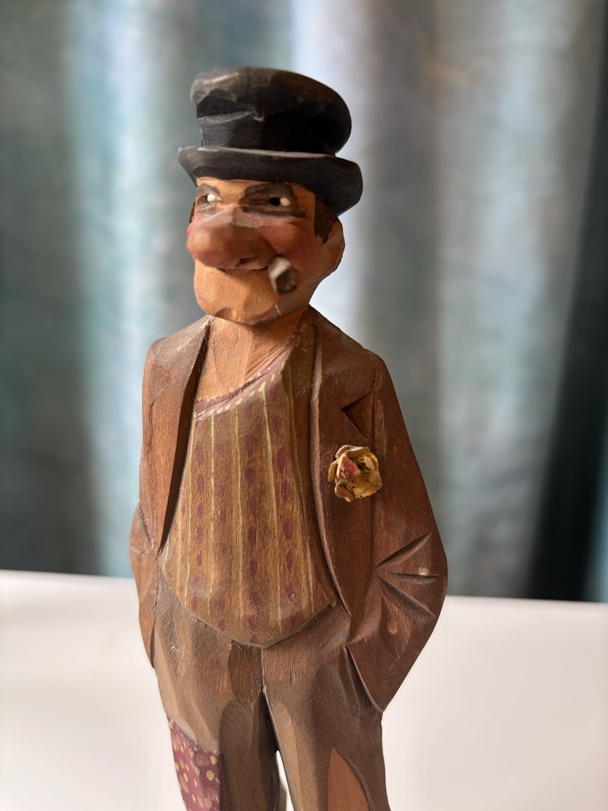 Vintage Carl Johan Trygg Hand Carved Man w/ Top Hat and Flower on Base 8 in