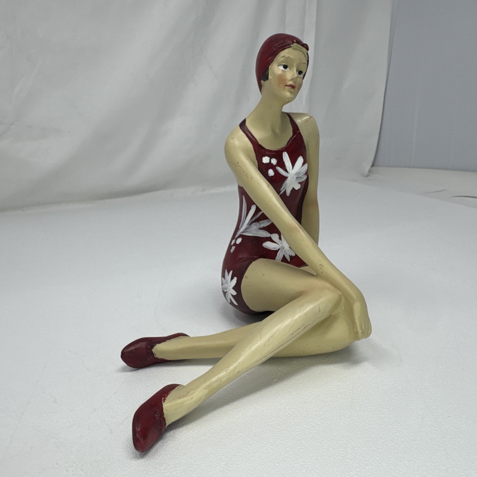 Art Deco Figurine Bathing Beauty Red Suit Flapper Sitting Beach