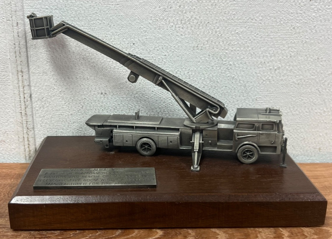 Mack CF Aerial Scope Ladder Fire Truck Pewter Figure on Wood Base