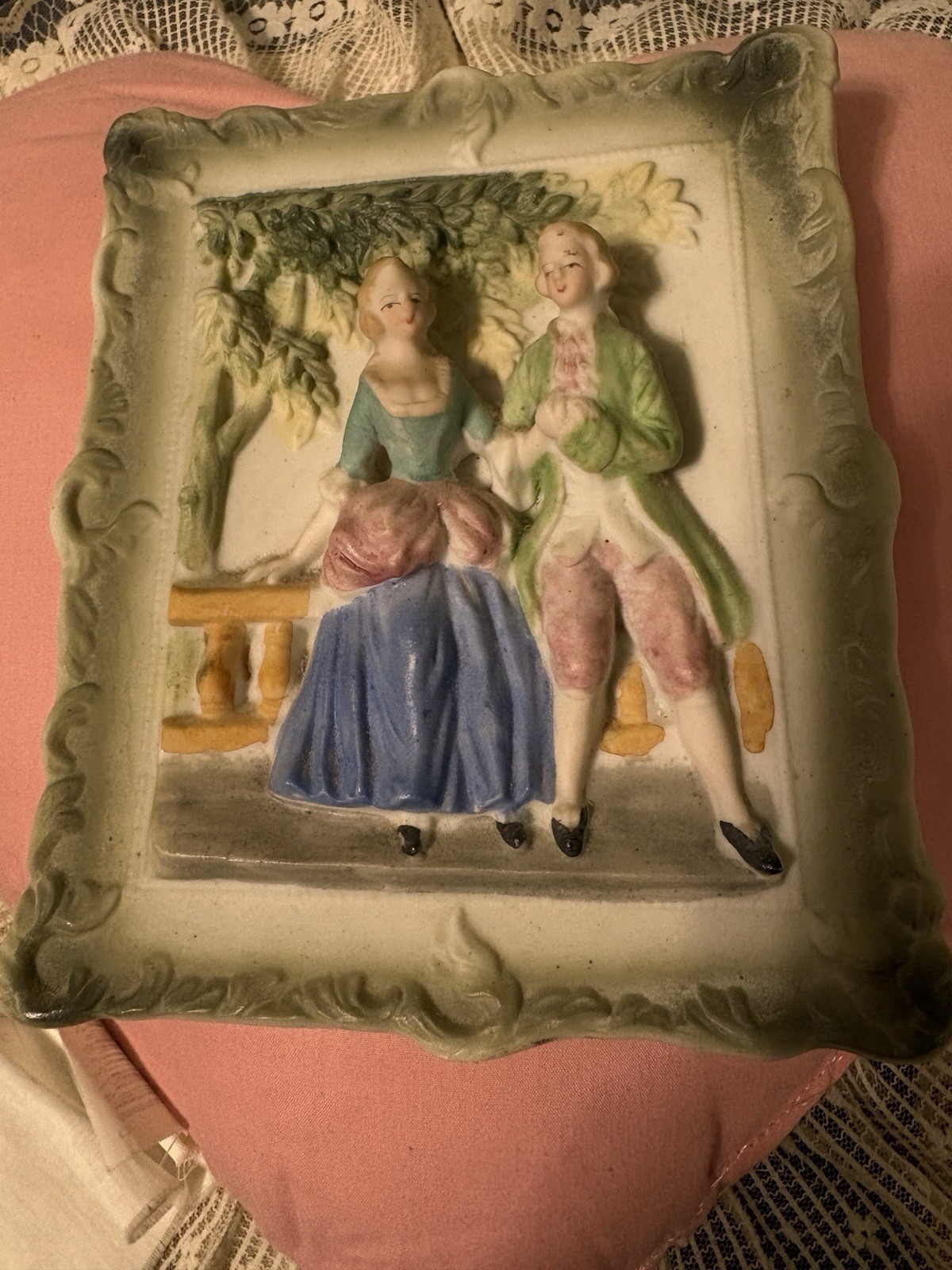 Vtg. Porcelain Colonial Courting Couple, Raised Relief Picture, Occupied Japan