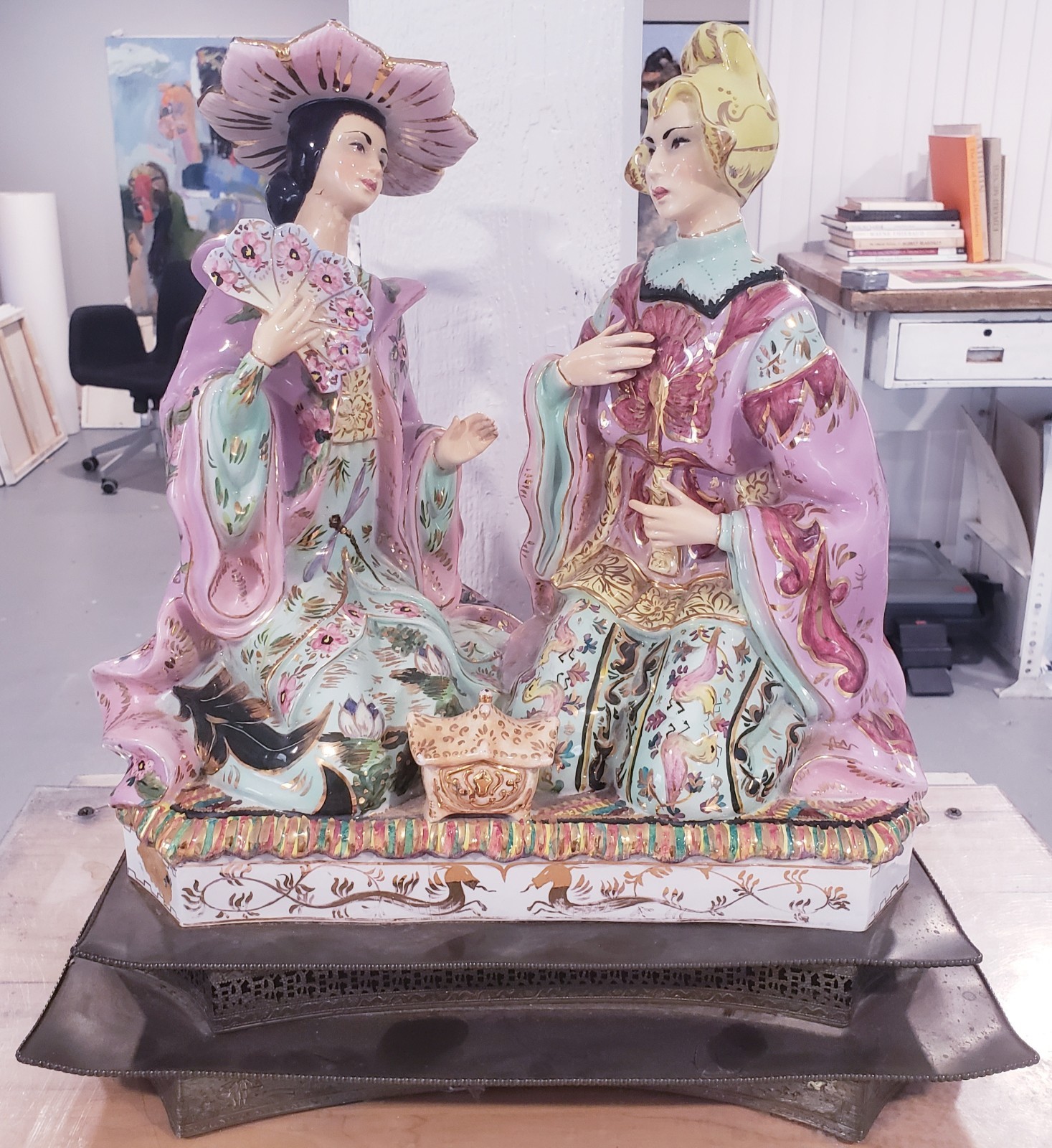 Large Porcelain Chinese Sculpture On Metal Stand Two Figure Women (17 Tall)