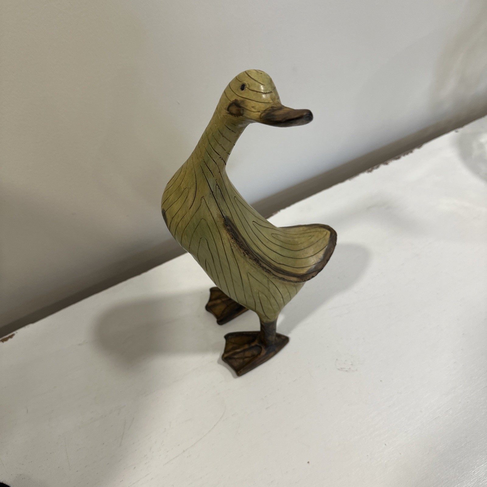 Tii Collection 11.5” Duck Folk Art Wood Resin Hand Painted & Carved Green Wash