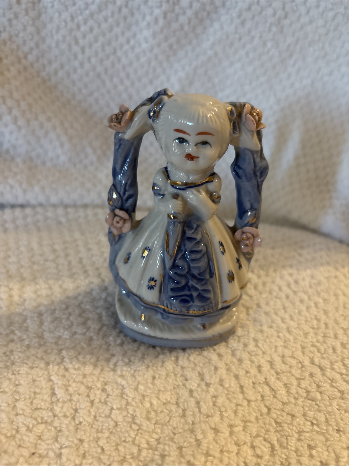 RARE Vintage Japanese Porcelain Figurine Blue Pink Floral Girl Arch Geisha