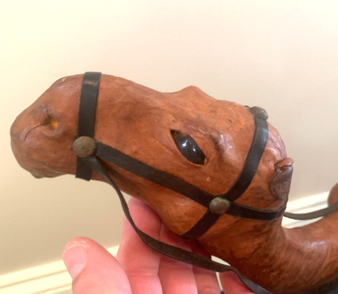 Vintage Leather Wrapped Large Camel 21′ W X 17″ Tall with glass eyes