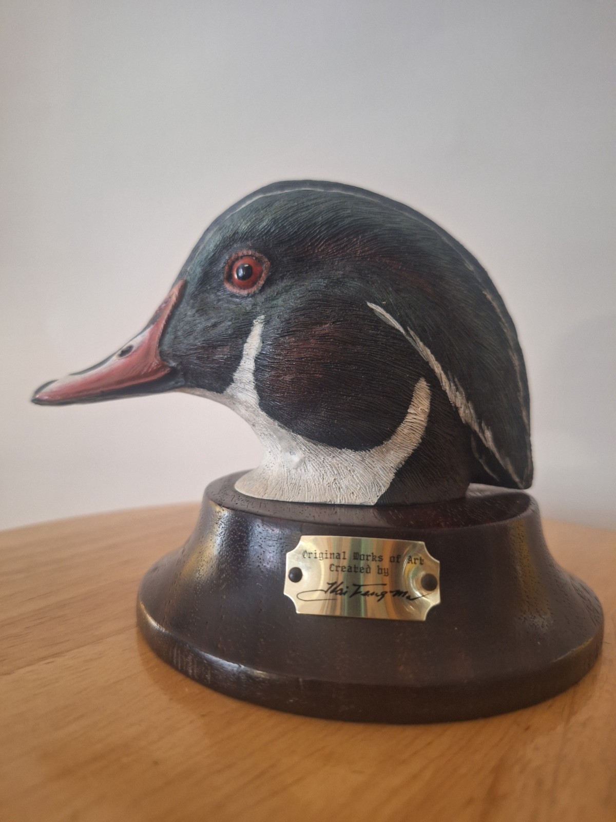Hai Feng Ma hand carved and painted duck head bust on wooden base with signature