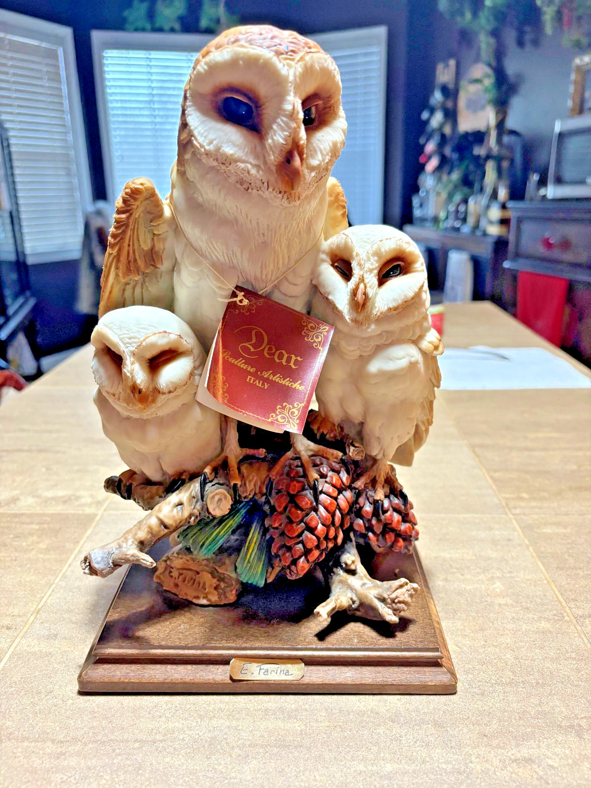 RARE E. Farina Dear Barn Owl w/Owlets Statue on Wood Bas NWT 1989