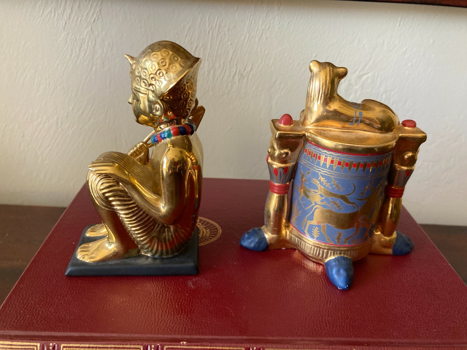 2 Gilt FRANKLIN MINT TREASURES OF TUTANKHAMUN~King Tut Squatting & Unguent Lion
