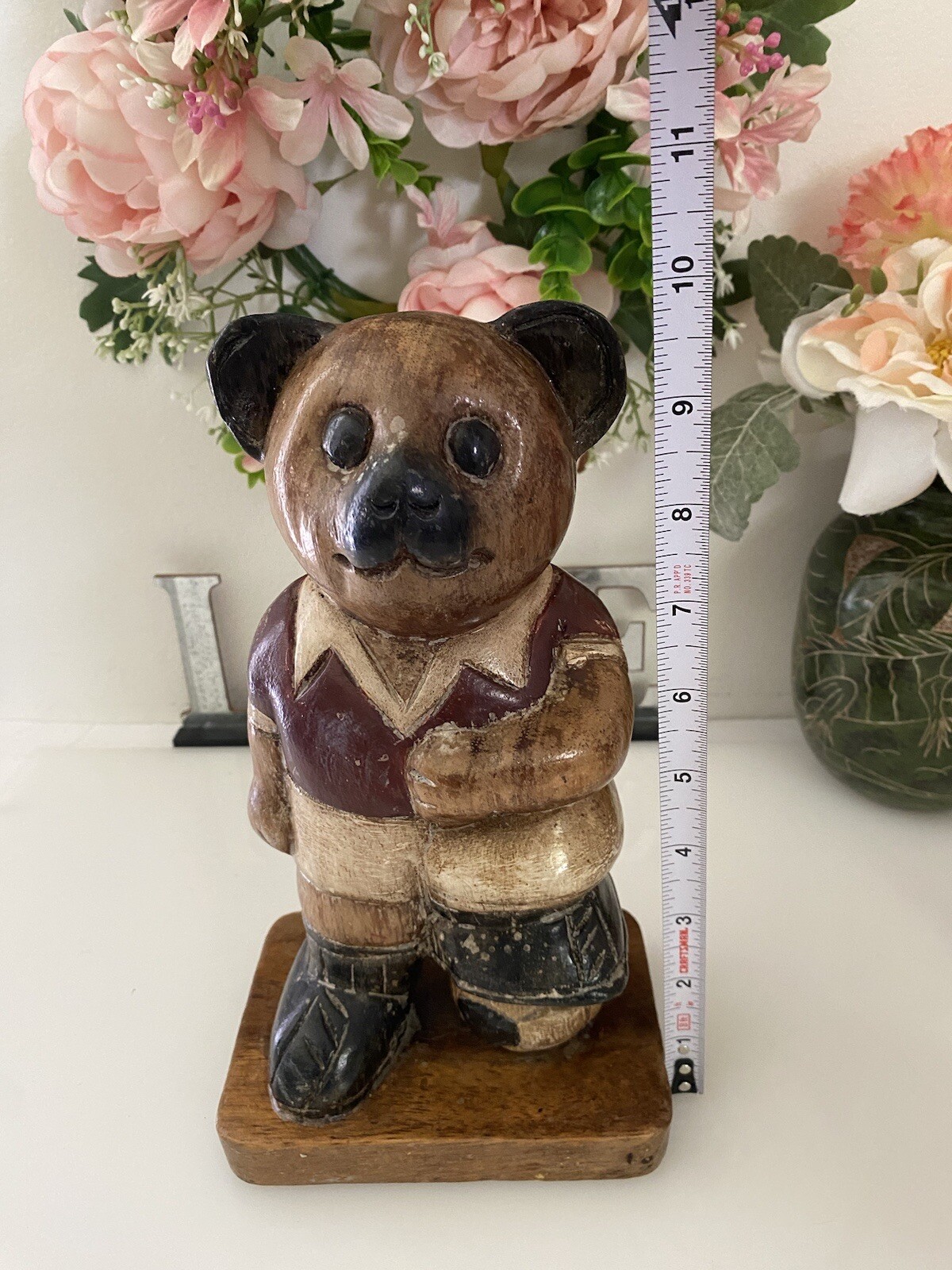 Wooden Bear Handmade Statue 10″ Soccer Teddy Bear Kids Room Vintage Figurine EUC