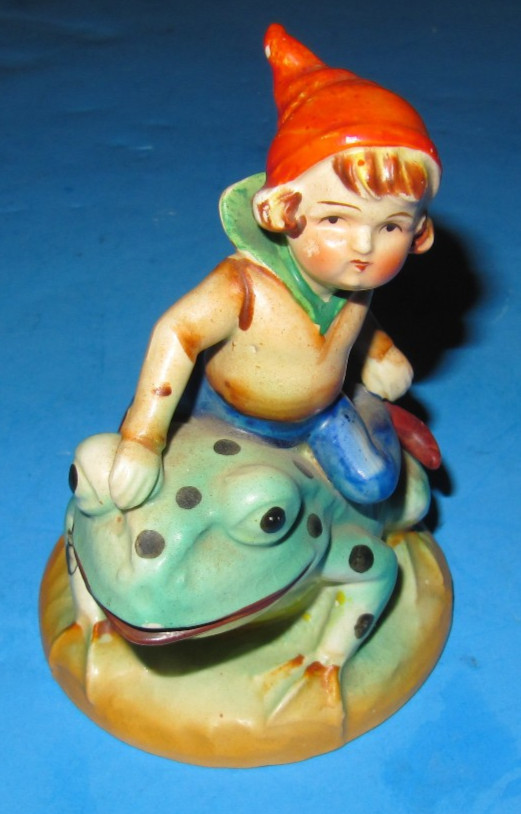 Occupied Japan Pixie Fairy Elf Riding Spotted Frog Figurine Vintage ~ Free Ship!