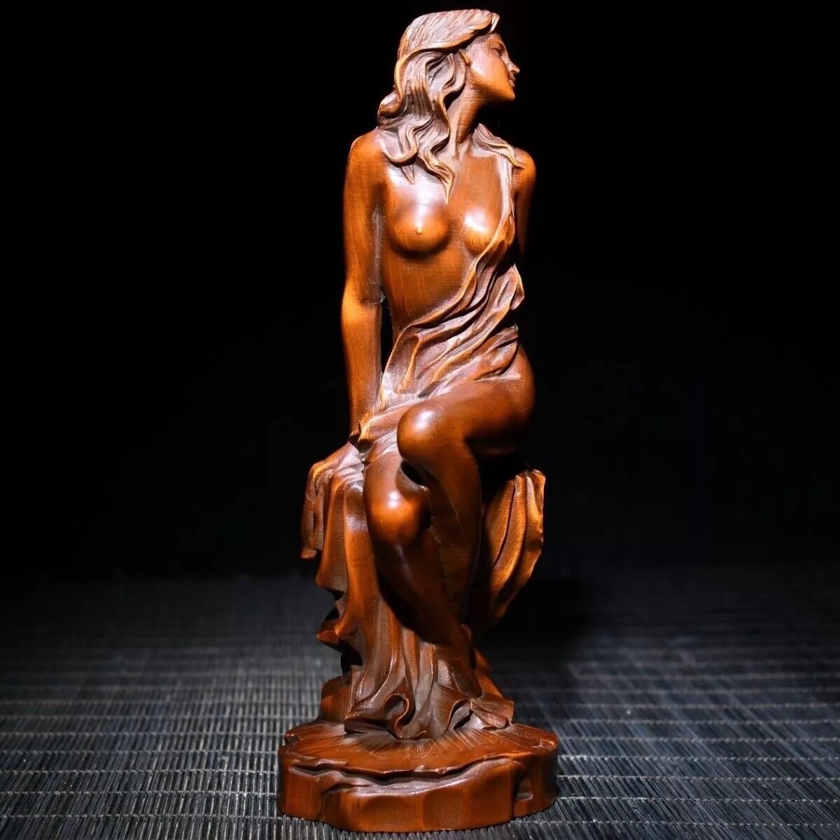 Chinese Boxwood Wood Carving Sexy Beautiful Woman Statue Wooden Sculpture Decor