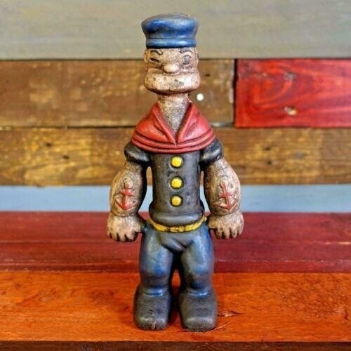 Popeye Sailor Man Cast Iron Coin Bank With Painted Antique Finish (9″ Tall)