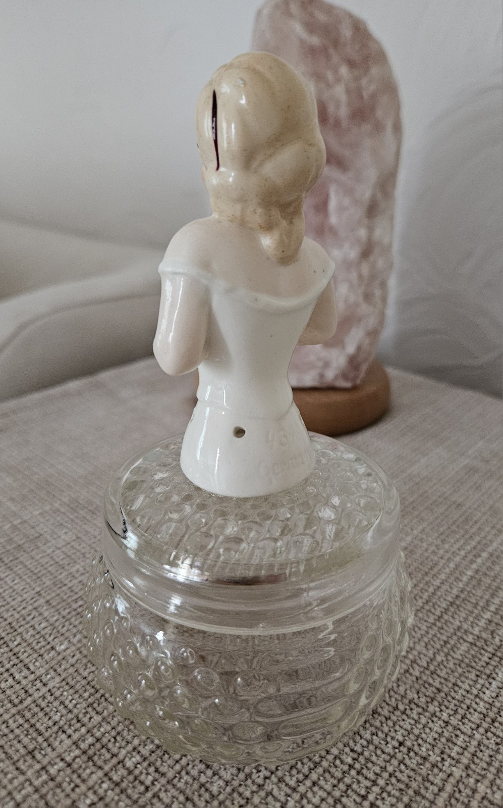 Antique German Porcelain Half Doll on Lidded Glas Jar, ca. 6.5 in