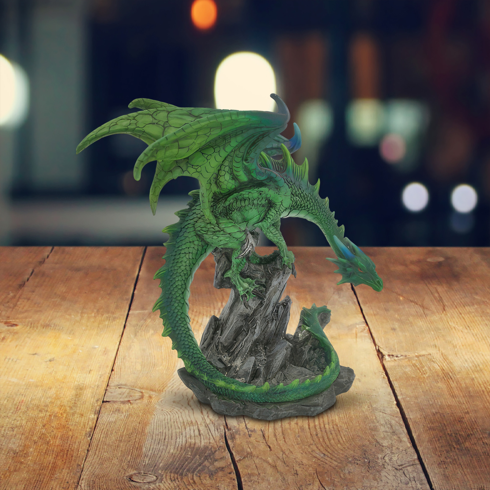 8.25″H Green Dragon on Rock Figurine