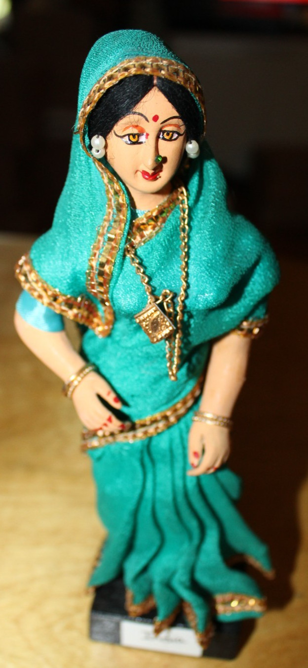 Vintage India Woman Clay Figurine Doll 8″ Hand Painted Dress Trim Jewelry