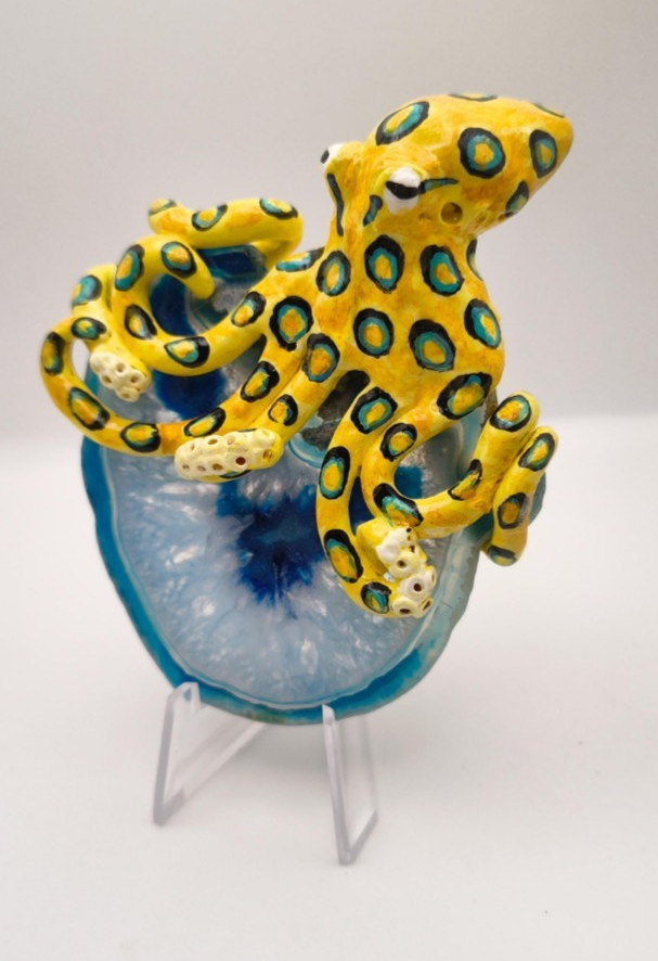 Hand-sculpted Blue Ringed Octopus Sculpture on Blue Agate Slice Animal Desk Art