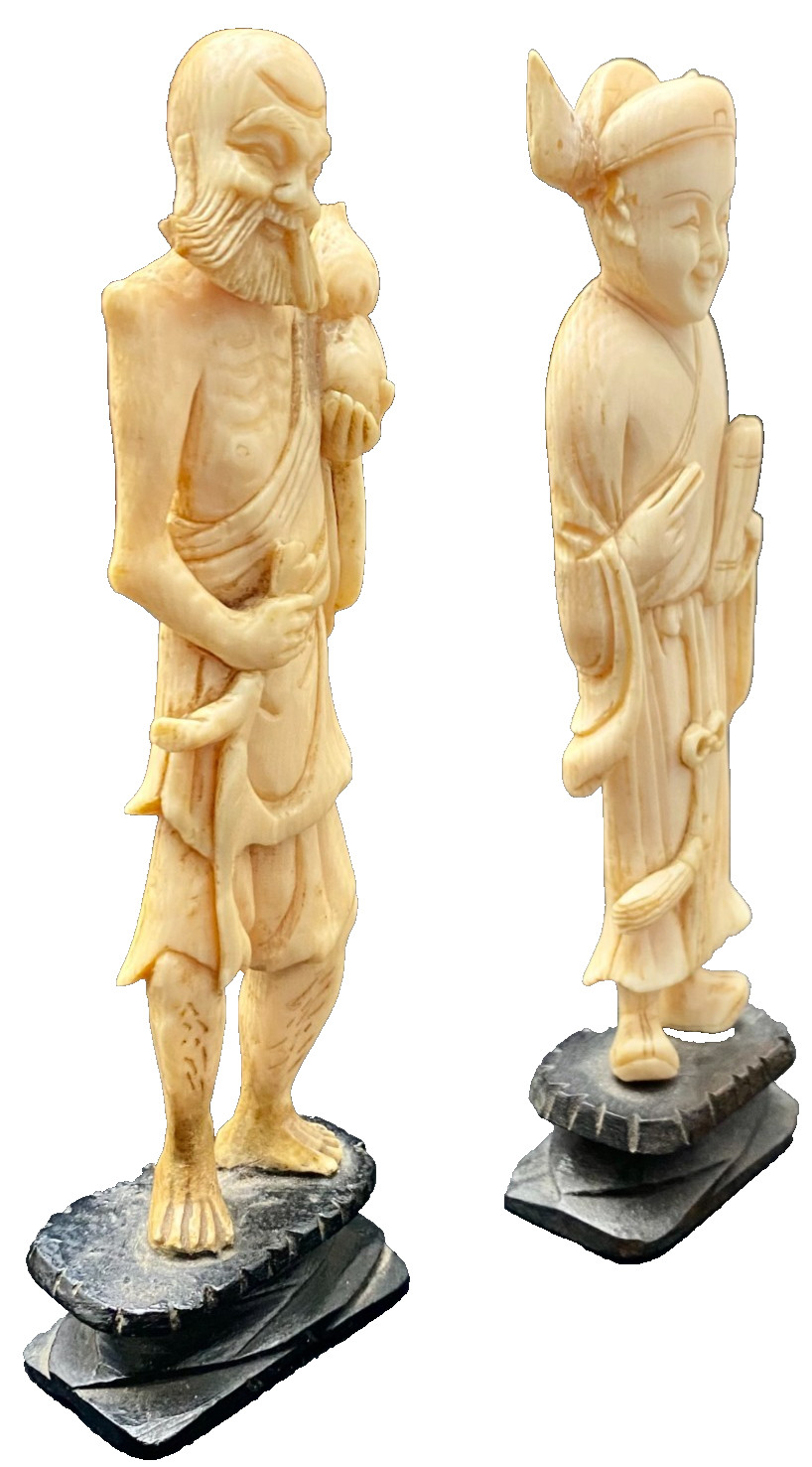BEAUTIFUL VINTAGE PAIR OF GODS CARVING FIGURINES 5.2″ with WOOD STANDS c1950