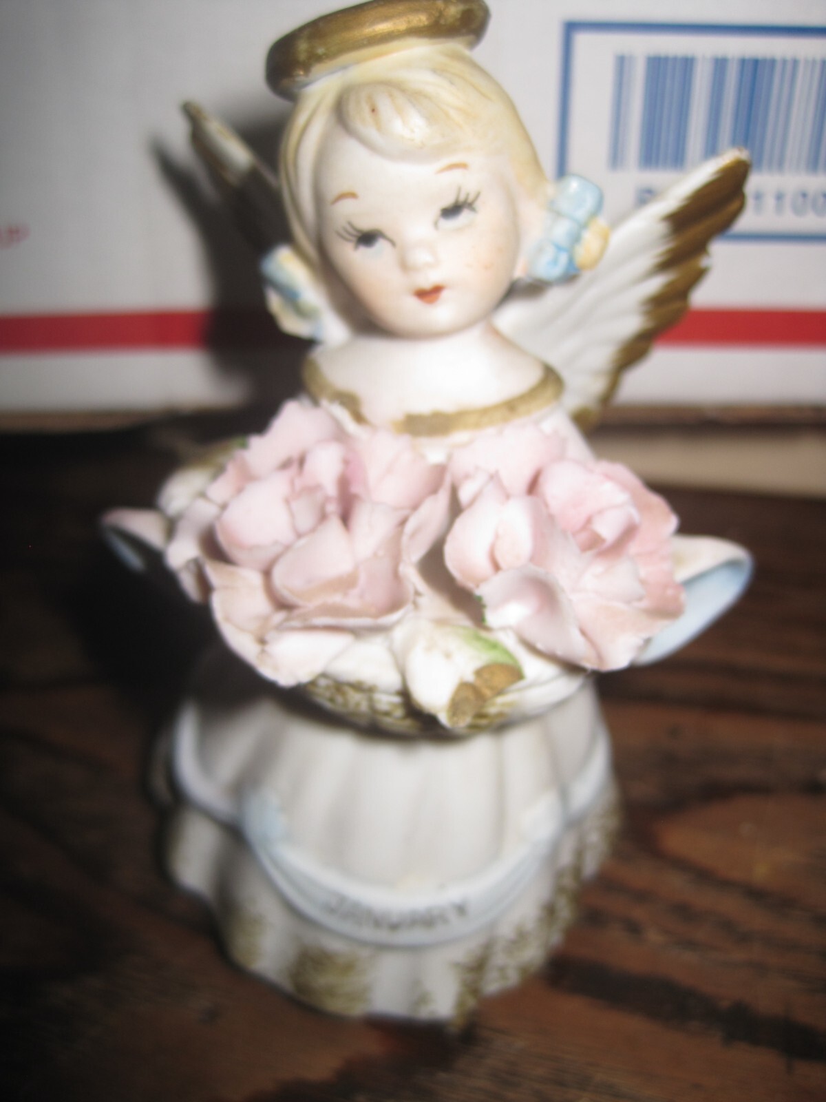 VTG BISQUE Porcelain Girl Angel OF THE MONTH JANUARY Sash on Dress-Birthday