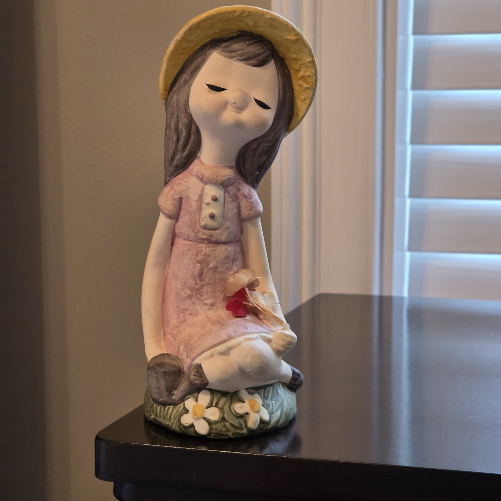 Vintage Mod Norleans Japan Ceramic Girl & Cloth Flowers Figurine 8” Closed Eyes