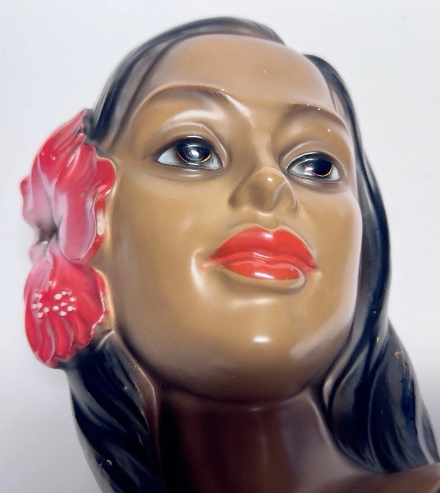 Vintage Marwal Chalkware Hawaiian Woman Bust Tiki Hibiscus MCM 1960s Hula Girl