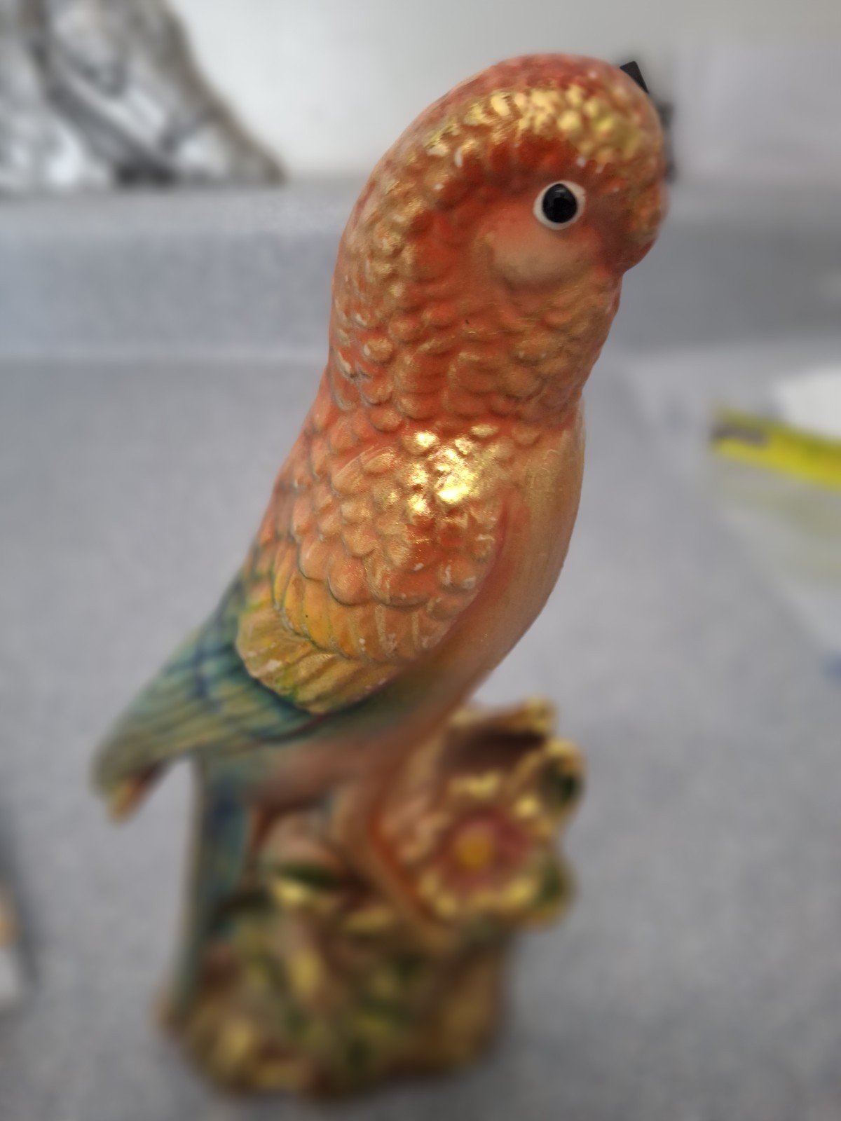 Vintage 7 1/2” Parrot Ceramic Green Orange Yellow Bird Branch Norleans Japan