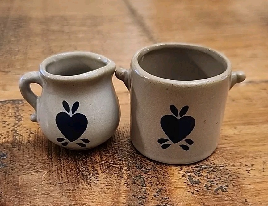 2 Miniature Tan Salt Glaze Blue Hearts Crock 1-3/8″ & Pitcher 1.25″