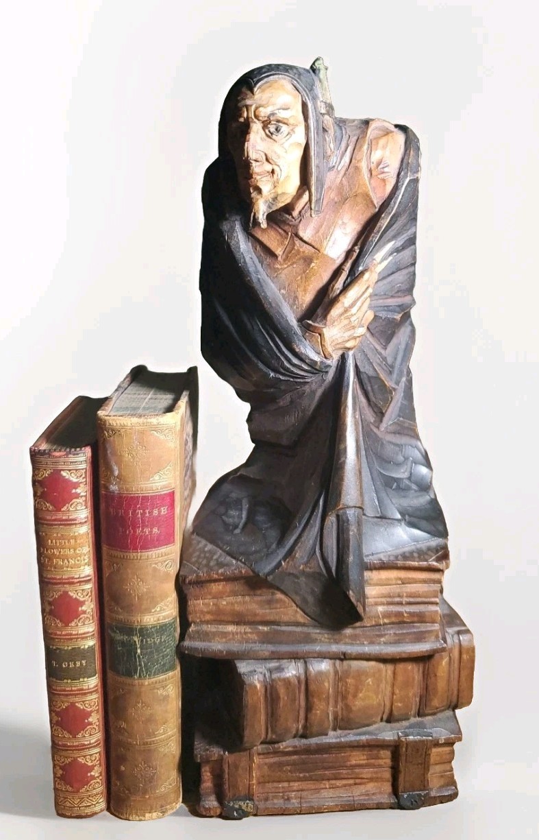 Hand Carved Wood Scholar Figure On Books 12” Folk Art Statue Bookend Old