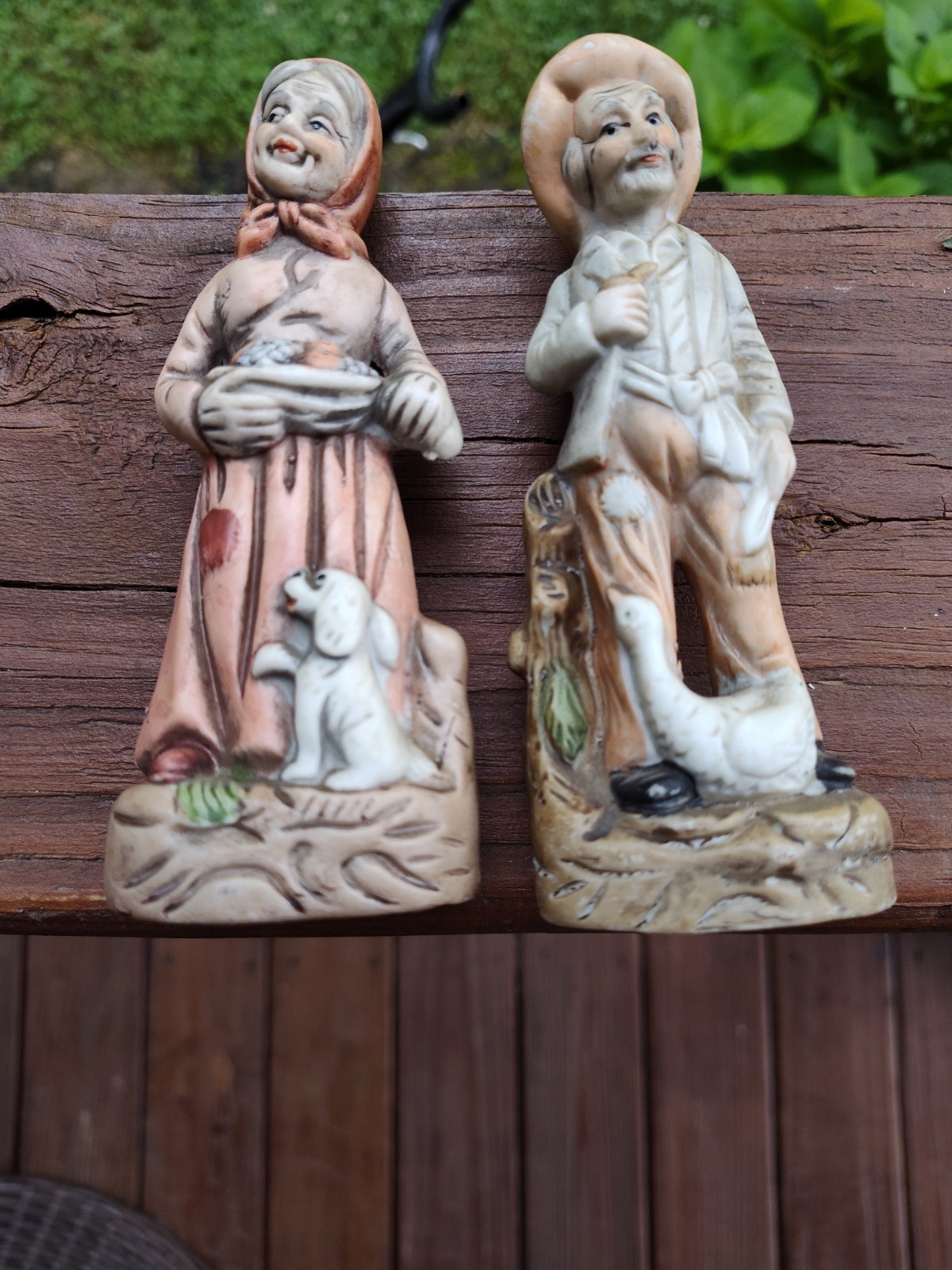 Vtg Old Man And Women With A Goose, Dog And Basket Of Food