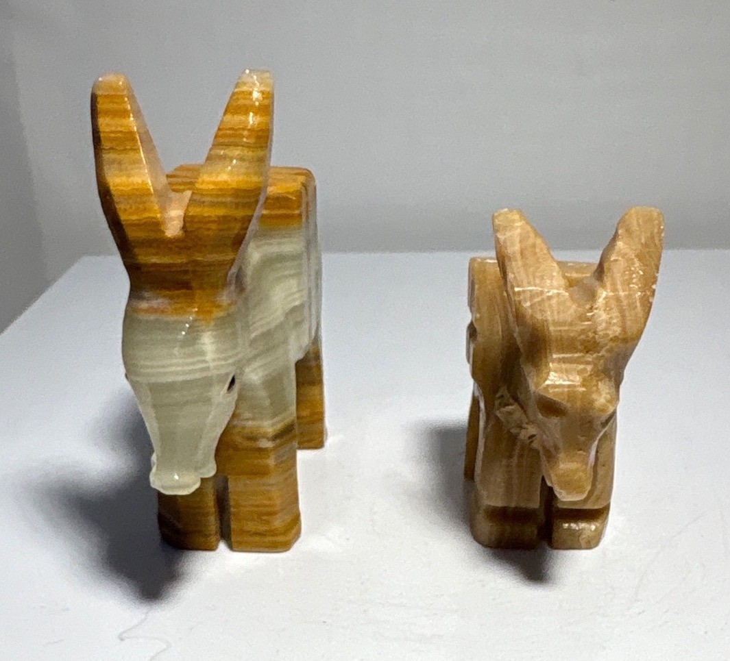 Carved Onyx Donkey Burro Figurines Set Of 2 Orange Beige Striped Vintage